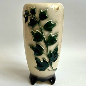 Vintage Royal Copley Vase Green Ivy Ivory Footed with Original Sticker